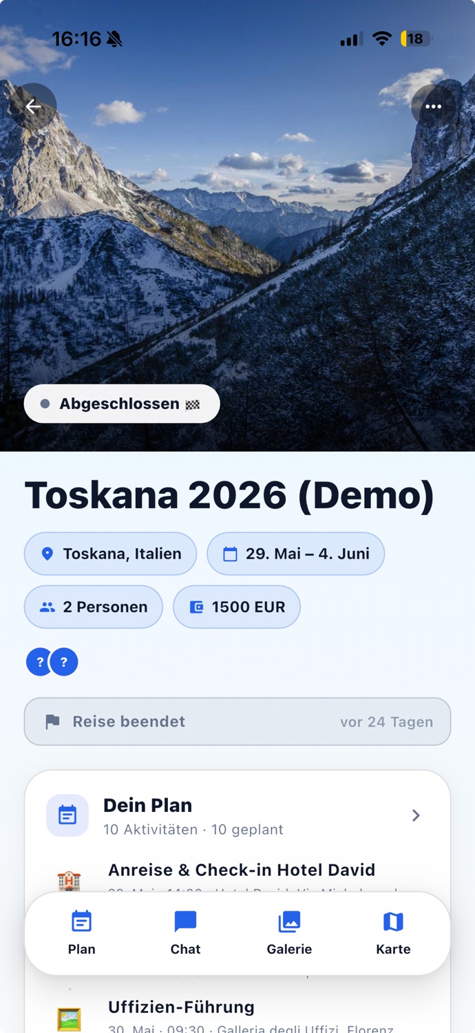 Trip-Dashboard „Toskana 2026“ mit Cover, Eckdaten und Tagesplan