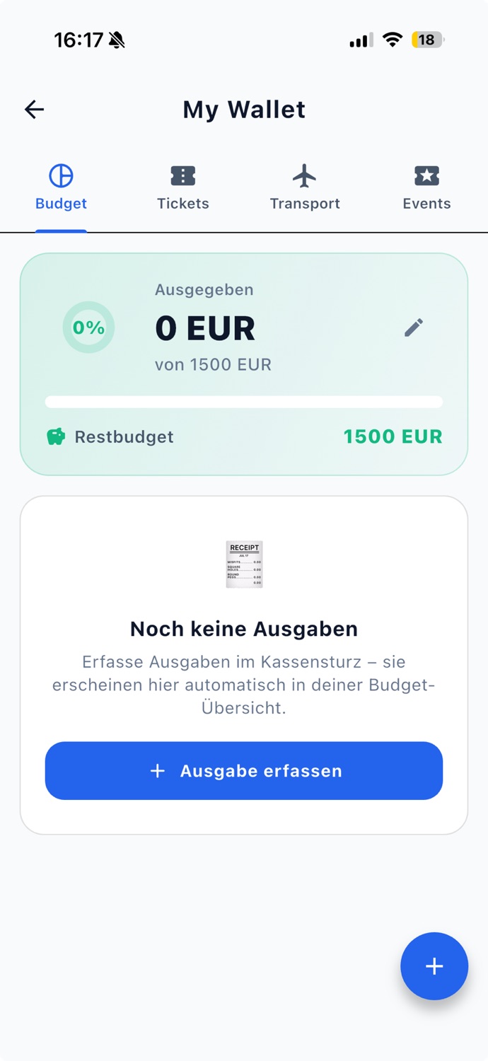 My Wallet: Budget-Übersicht mit Restbudget und Tabs für Tickets, Transport und Events