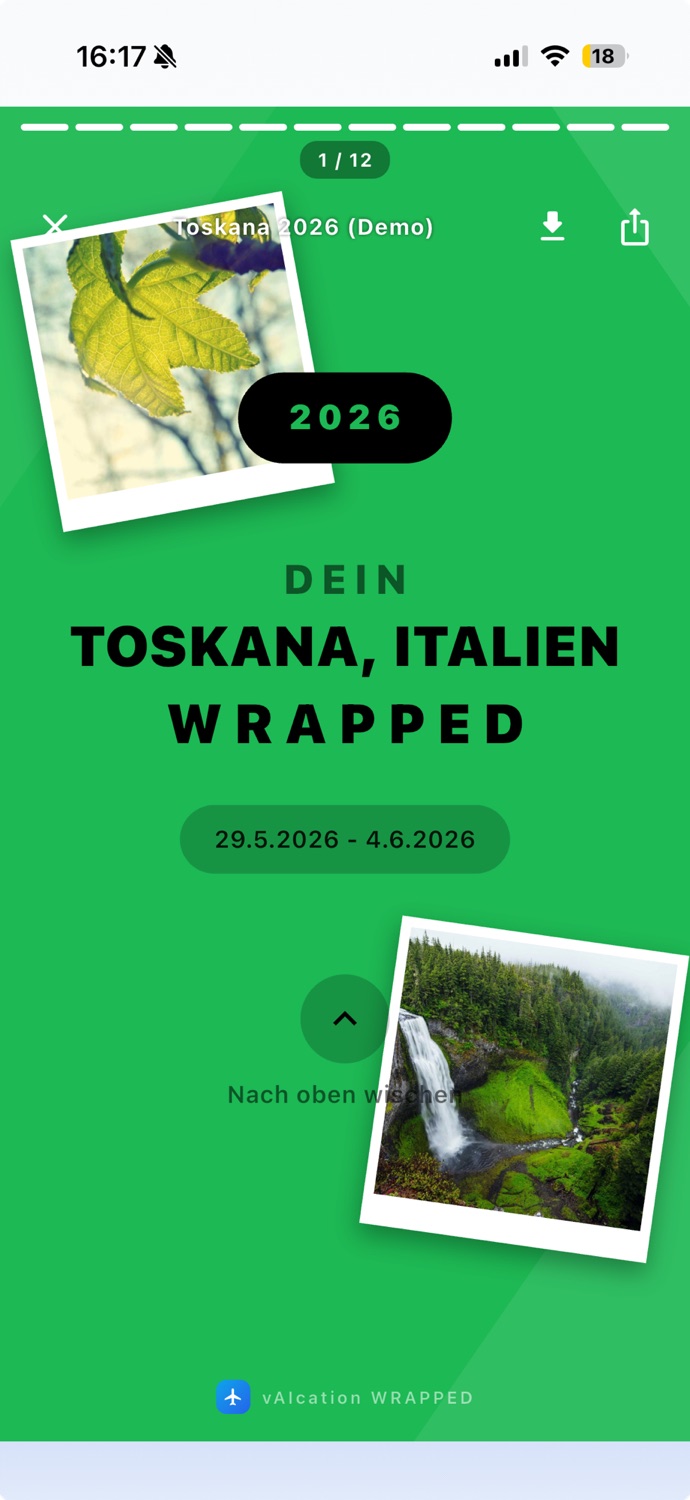 vAIcation Wrapped: animierte Story-Zusammenfassung „Dein Toskana, Italien Wrapped“ mit Polaroid-Fotos