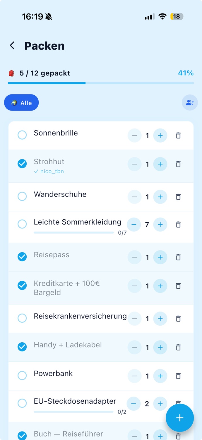 Gemeinsame Packliste: 5 von 12 gepackt, mit Mengen und Zuständigkeiten
